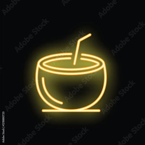 Bright yellow neon sign of a coconut cocktail with a straw, glowing on a black background