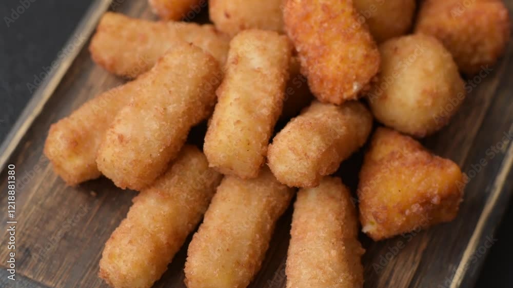 Delicious crispy cheese sticks with mozzarella, salt and spices, breaded and fried in oil. Fast food, takeaway