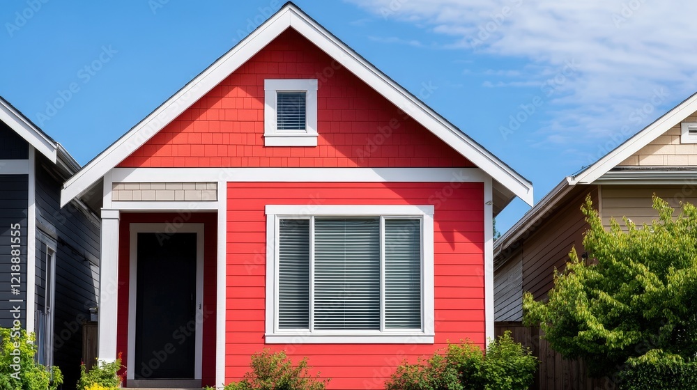 Vibrant Red Exterior of a Charming Suburban Home, Showcasing Modern Design and Appealing Curb Appeal Vibrant Red Exterior of a Charming Suburban Home, Showcasing Modern Design and Appealing Curb Appeal
