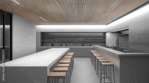 Modern kitchen design, cooking class, minimalist interior,  restaurant prep area,  long counter,  bar stools photo