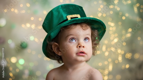 Cute Baby Wearing Green Shamrock Clover Hat, Happy Child in St. Patrick’s Costume.Colorful confetti surrounds her, celebrating a lively moment.Irish traditional spring holiday.