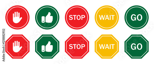 Stop, wait and Go vector symbols, forbidden and alert icon set road safety sign board symbols . Stop sign red color isolated. Vector stop.