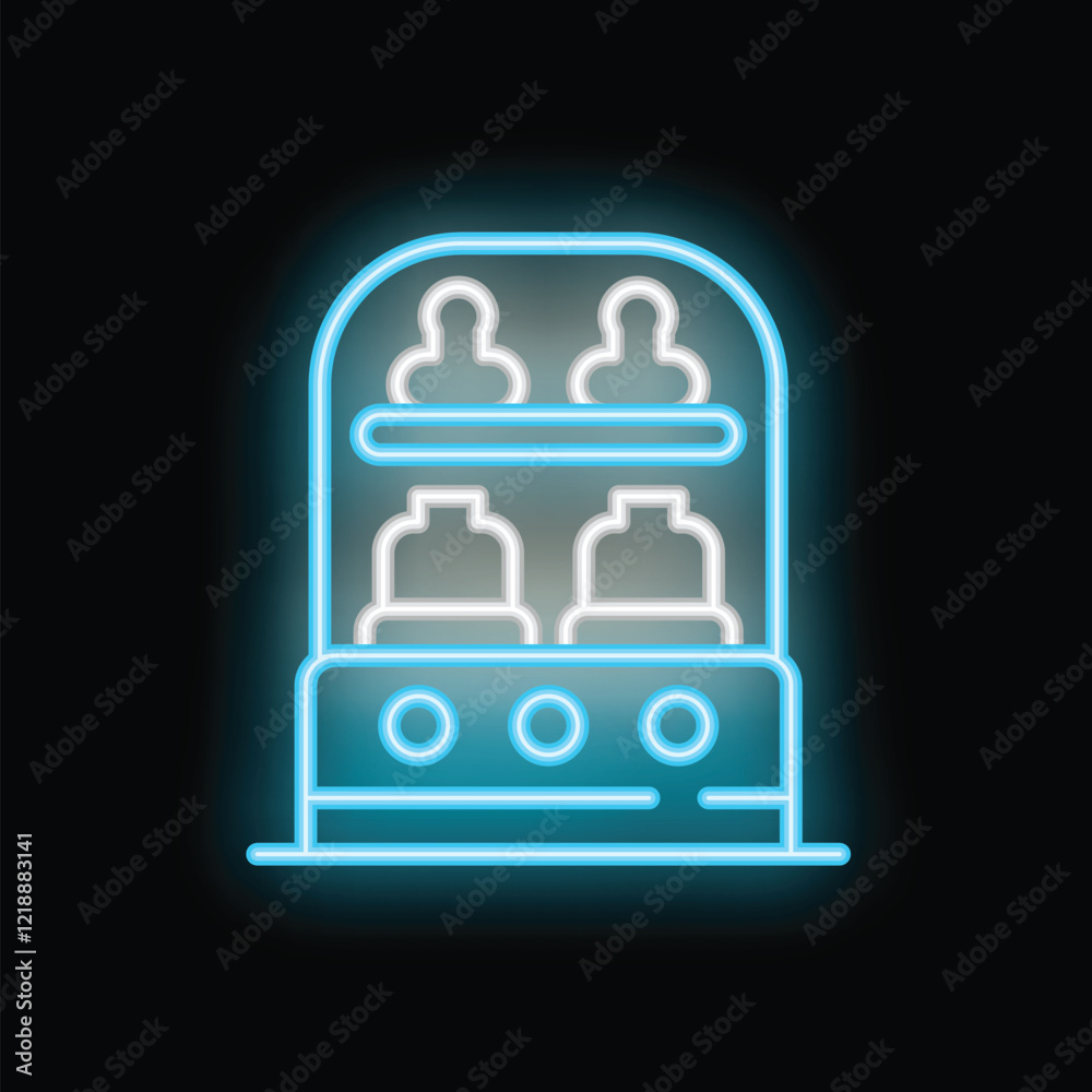 Blue glowing neon icon of a display fridge with bottles standing on shelves in a supermarket Blue glowing neon icon of a display fridge with bottles standing on shelves in a supermarket