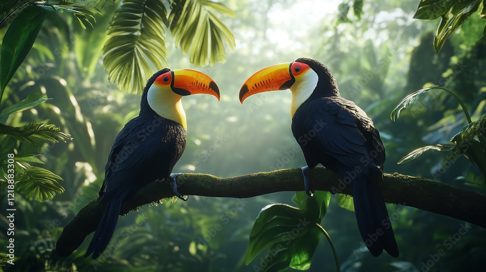 Naklejka premium Couple Two toucan bird sitting on a branch of tree