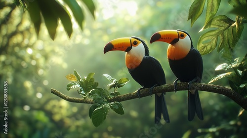 Couple Two toucan bird sitting on a branch of tree