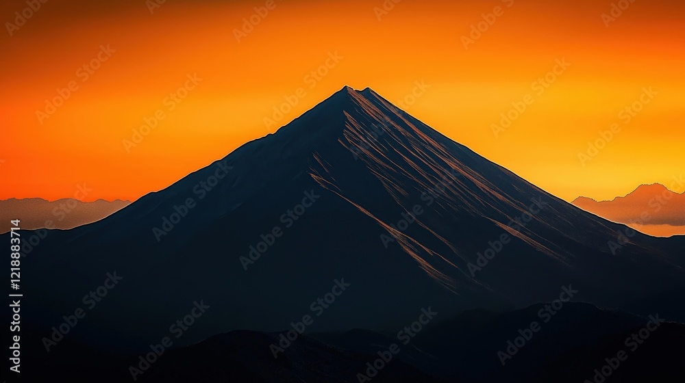 Dark mountain with an orange sky, silhouette Dark mountain with an orange sky, silhouette