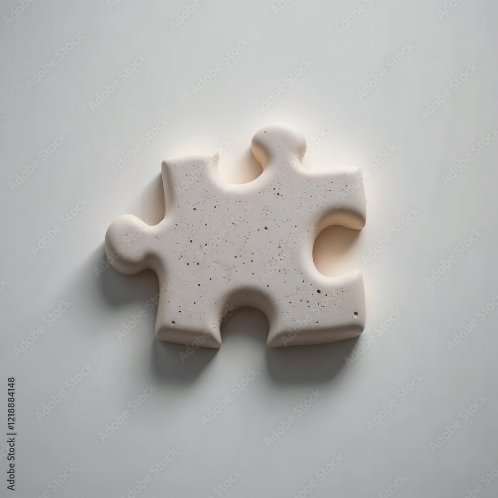 Obraz premium A single off white puzzle piece with a textured surface and speckled details, softly lit to create a subtle glow and faint shadow on a gray background.