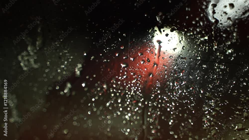 Rain drops slowly flow down the transparent roof window leaving water traces, close-up. A view through flat roof light on a dark building and grey sky background. Gloomy rainy day. Rain drops slowly flow down the transparent roof window leaving water traces, close-up. A view through flat roof light on a dark building and grey sky background. Gloomy rainy day.
