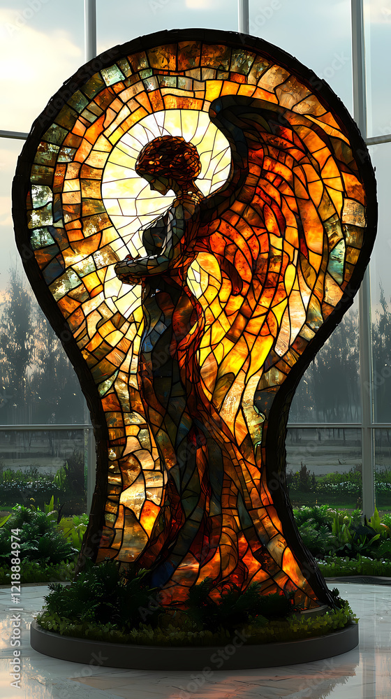 Obraz premium Round stained glass angels, with mainly white backgrounds, light shining through their wings, lush green plants and trees on the ground, and 3D stained glass angels.