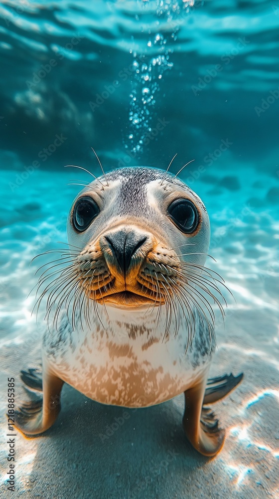 Fototapeta premium Curious seal pup underwater, close-up