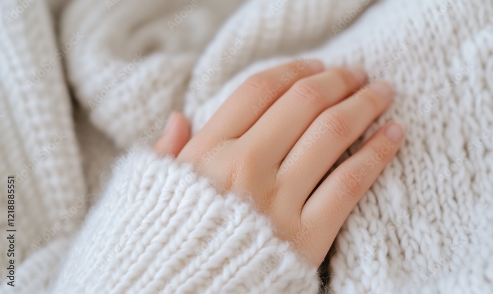 Woman's hand on cozy white sweater, indoors Woman's hand on cozy white sweater, indoors