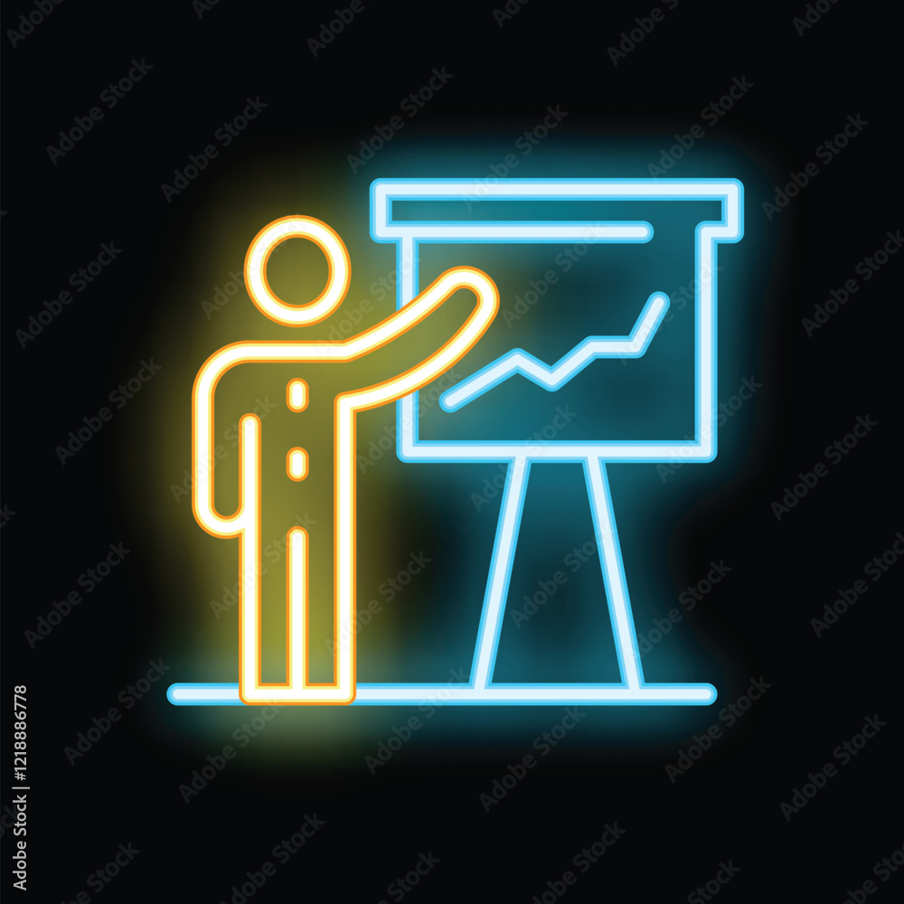 Neon sign representing a businessman pointing at a growing chart on a flipchart Neon sign representing a businessman pointing at a growing chart on a flipchart