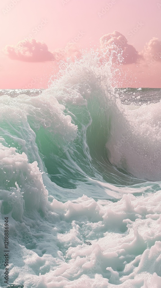 Fototapeta premium Ocean wave crashing, sea foam, pink sky