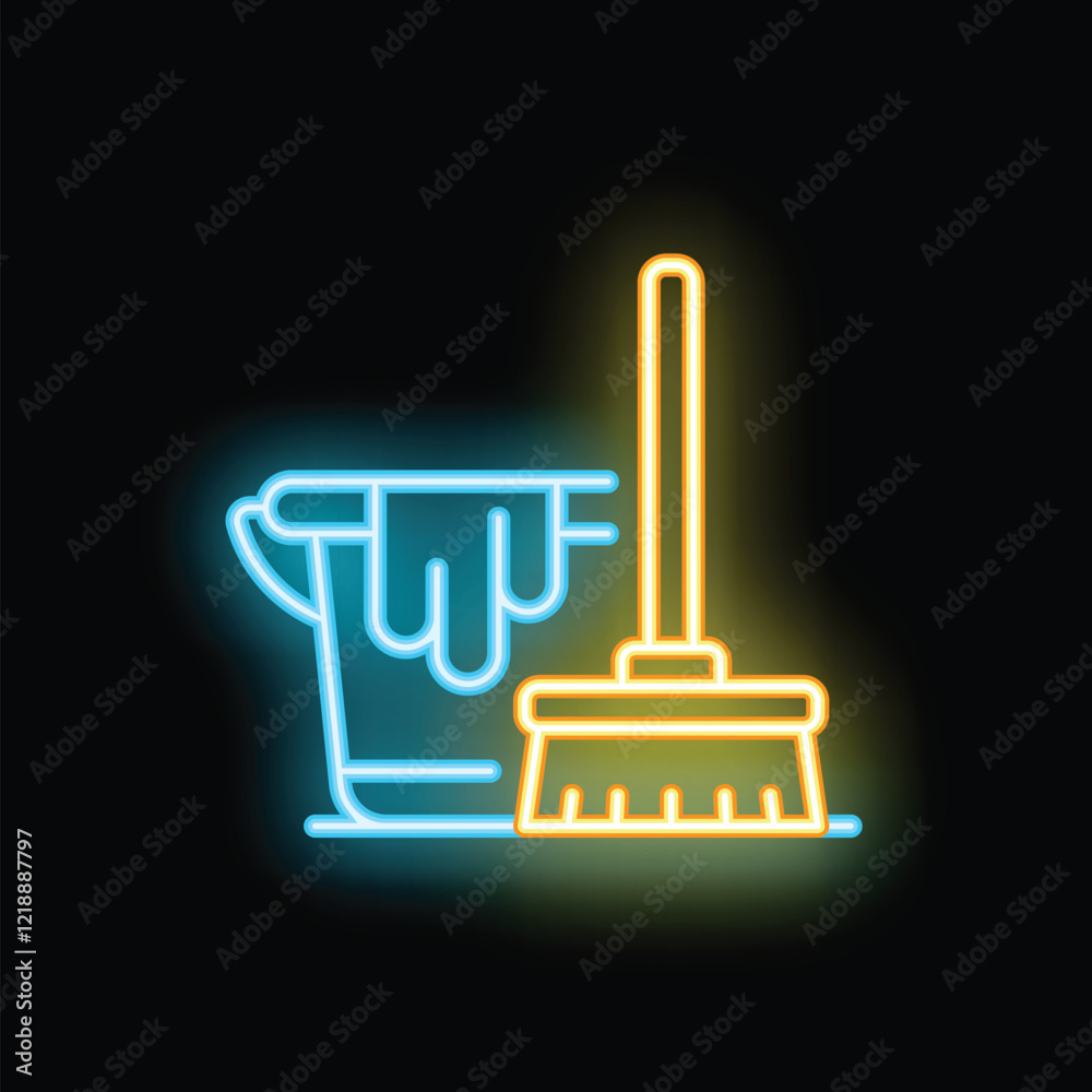 Glowing neon line cleaning service logo with bucket and broom icon isolated on black background Glowing neon line cleaning service logo with bucket and broom icon isolated on black background