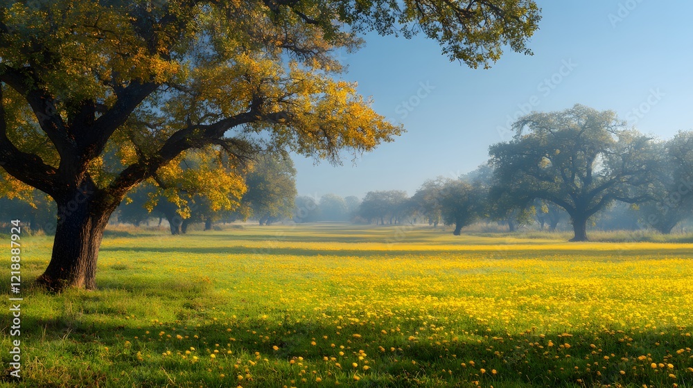 Misty Morning Meadow with Trees and Yellow Wildflowers in Bloom Misty Morning Meadow with Trees and Yellow Wildflowers in Bloom