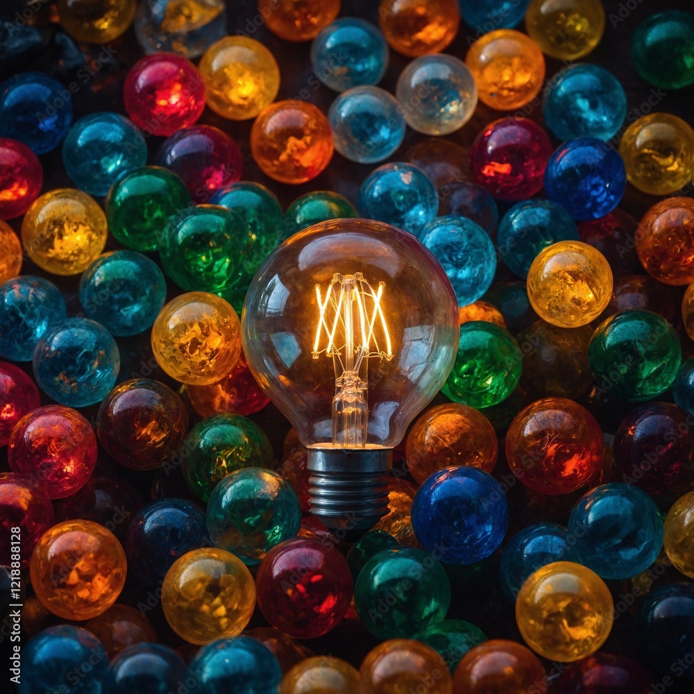 A glowing bulb nestled among colorful glass marbles. A glowing bulb nestled among colorful glass marbles.