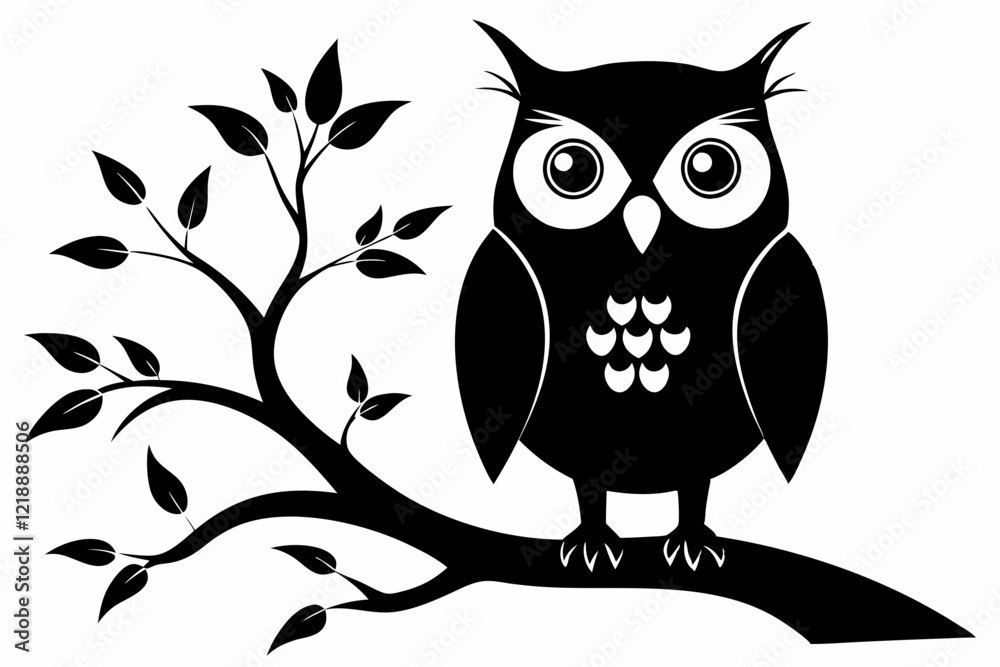 Fototapeta premium owl sitting on a-tree branch line art silhouette vector illustration