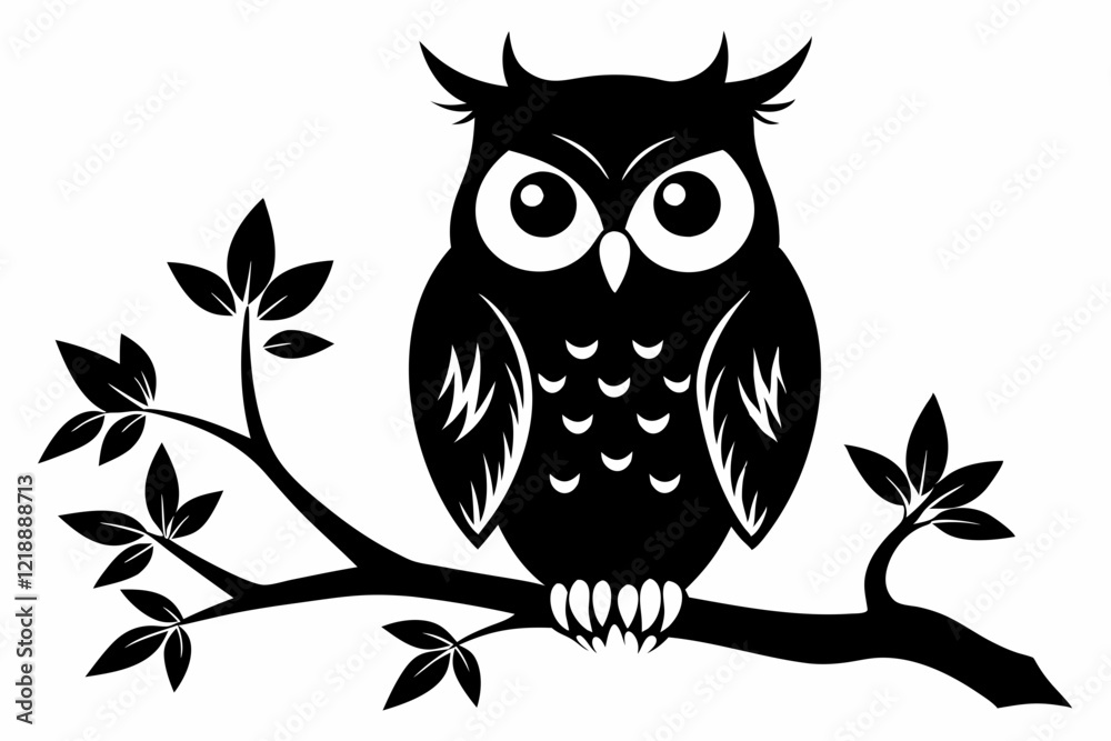 Fototapeta premium owl sitting on a-tree branch line art silhouette vector illustration