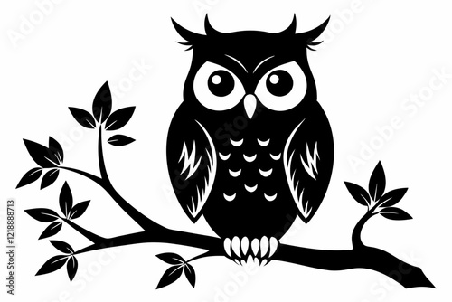 owl sitting on a-tree branch line art silhouette vector illustration