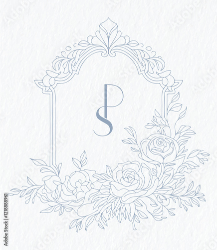 Wedding monogram with PS initials Design. Floral monogram crest design. Vintage elegant wedding crest design.