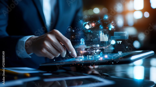 Businessman using tablet with digital interface and data visualization, showcasing technology and innovation in modern workspace