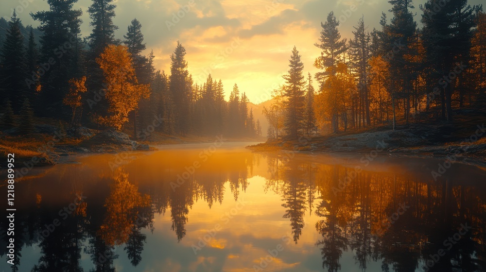 Fototapeta premium Autumn sunrise river reflection forest landscape