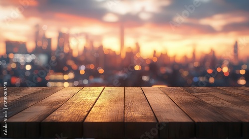 Blurred Sunset Cityscape with a Rustic Wooden Tabletop in the Foreground for Photography and Design Projects