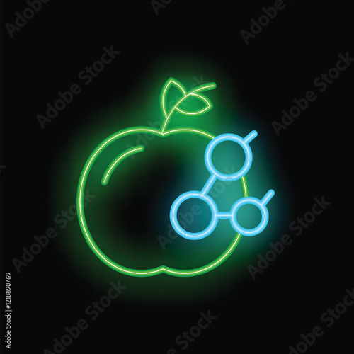 Glowing neon icon of an apple with a molecule symbolising genetically modified food, innovations in food industry