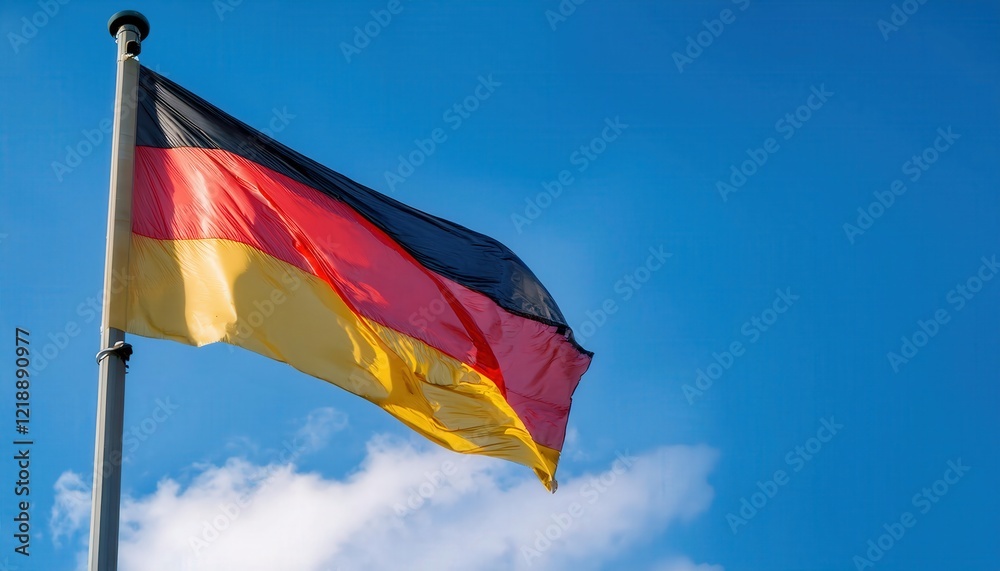A vibrant German flag flutters gracefully on a pole, set against the bright blue sky. This striking visual captures the essence of national identity and pride, celebrated by many across the globe A vibrant German flag flutters gracefully on a pole, set against the bright blue sky. This striking visual captures the essence of national identity and pride, celebrated by many across the globe