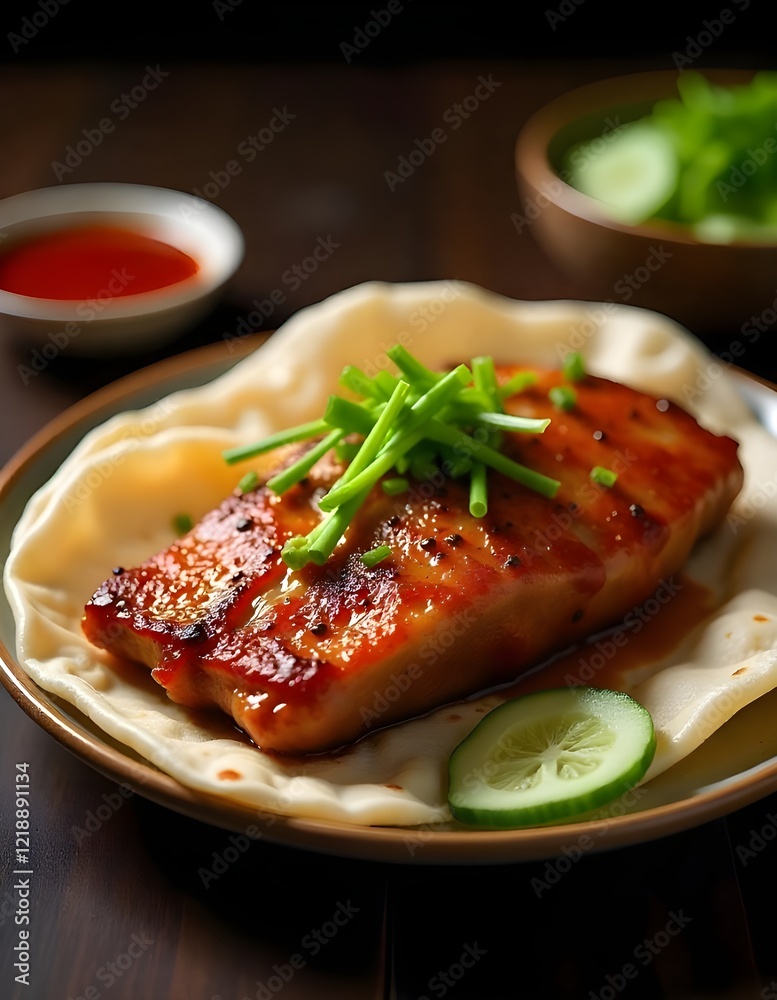 A Plate Of Chinese Peking Duck With Crispy Skin, Hoisin Sauce, And Thin Pancakes, Served With Cucumber And Scallions A Plate Of Chinese Peking Duck With Crispy Skin, Hoisin Sauce, And Thin Pancakes, Served With Cucumber And Scallions