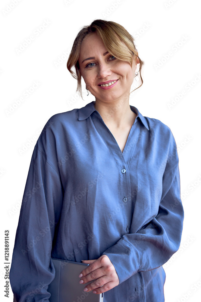 attractive middle age woman hold a laptop in modern office near panoramic windows attractive middle age woman hold a laptop in modern office near panoramic windows