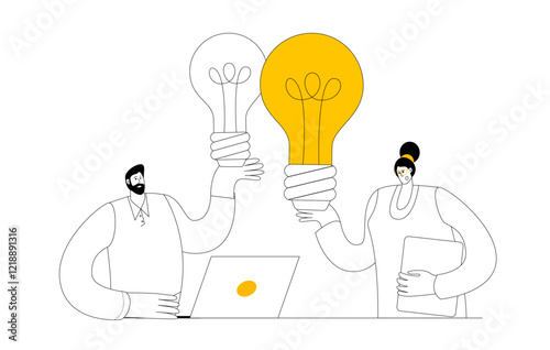 Team of IT developers discussing ideas. Vector illustration in linear style. Search for a working idea.