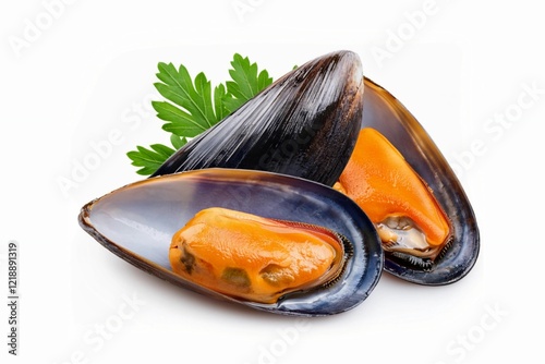 Fresh mussel isolated on white background with clapping path full of depth 