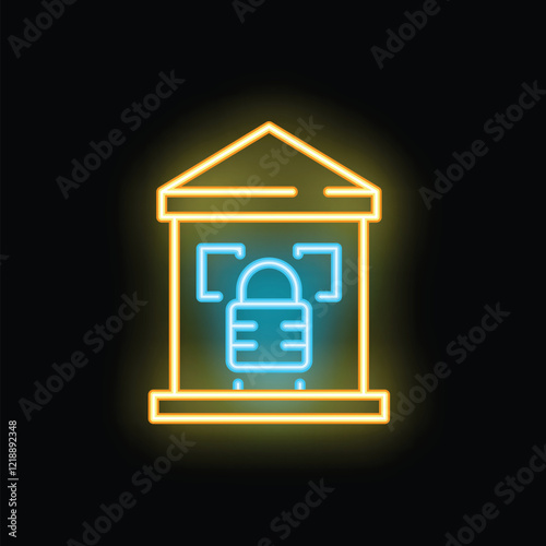Glowing neon bank icon symbolizing digital finance, data encryption, and secure transactions in the online banking world