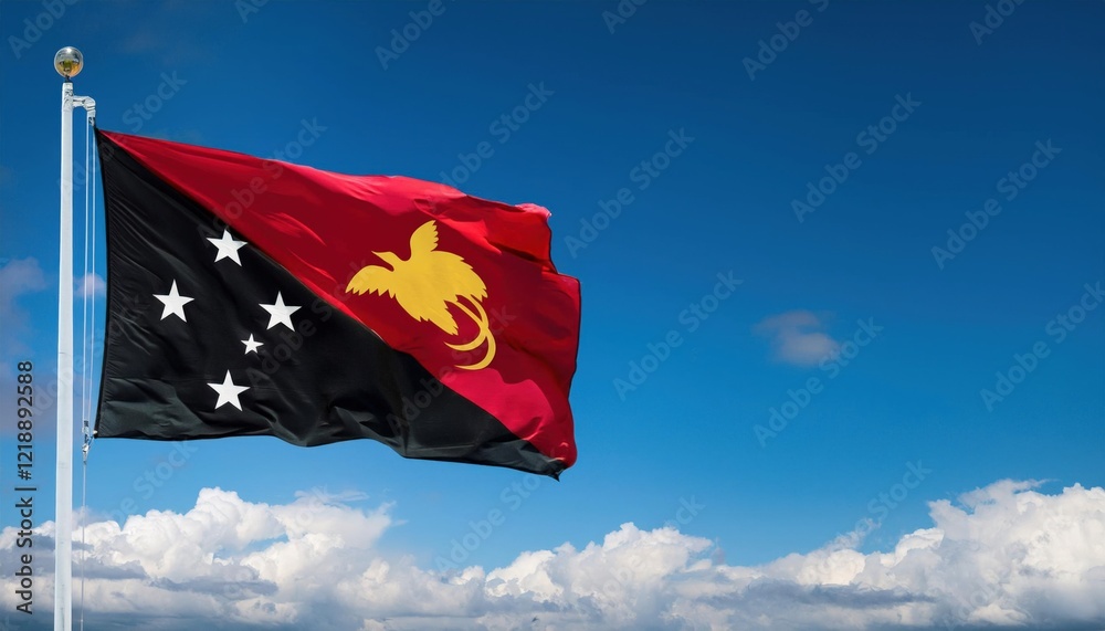 The flag of Papua New Guinea waves gracefully against a vibrant blue sky dotted with fluffy clouds. This symbol of nationality proudly displays the country’s heritage and cultural significance The flag of Papua New Guinea waves gracefully against a vibrant blue sky dotted with fluffy clouds. This symbol of nationality proudly displays the country’s heritage and cultural significance