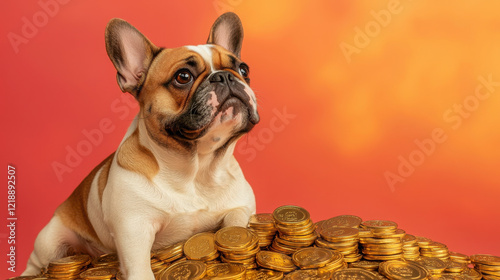 French bulldog sitting on pile of gold coins, symbolizing wealth and prosperity. warm background adds cheerful vibe