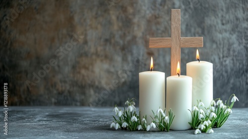 3 white candles, one wooden cross, and snowdrops on the table, with a minimalistic background, create a concept for Easter, candlemas day, or a church ceremony with a blank area for text.