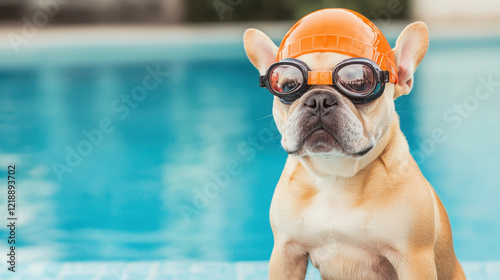French bulldog wearing swimming cap and goggles by poolside, ready for fun