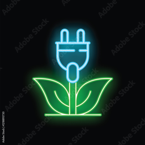 Neon sign depicting an electric plug emerging from a plant, conveying the concept of sustainable and renewable energy sources