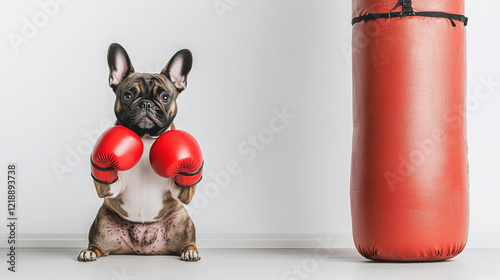 Playful French bulldog wearing red boxing gloves, ready to box