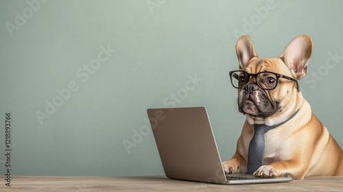 French bulldog wearing glasses and tie, sitting at laptop, exuding professional vibe