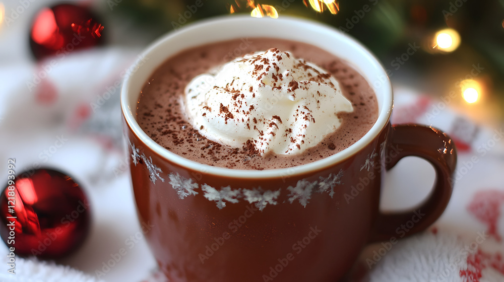 A warm, rich cup of hot chocolate topped with whipped cream and a sprinkle of cocoa powder, offering a perfect wintertime treat. A warm, rich cup of hot chocolate topped with whipped cream and a sprinkle of cocoa powder, offering a perfect wintertime treat.