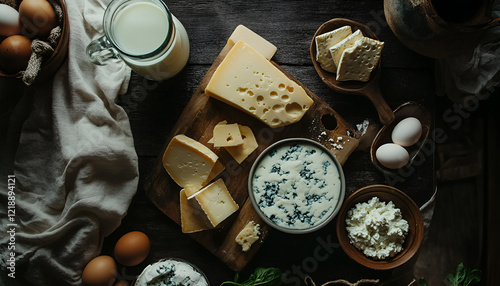 Dairy products. Milk, cheese, sour cream, cottage, yogurt and butter on dark background. Flat lay with copy space