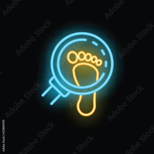 Neon style icon of a magnifying glass focusing on a footprint, symbolizing detective work and tracking