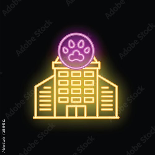 Glowing neon sign of a veterinary clinic or pet hotel with a paw print icon