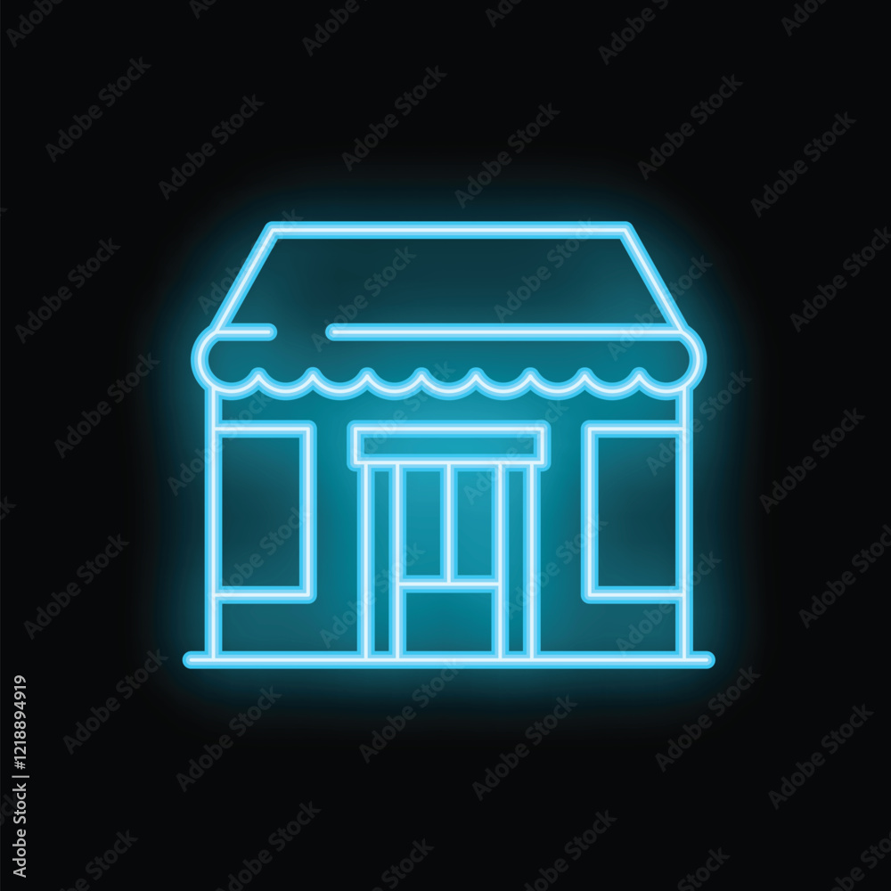 Neon sign representing a store front, with glowing blue neon tube lights over a black background Neon sign representing a store front, with glowing blue neon tube lights over a black background