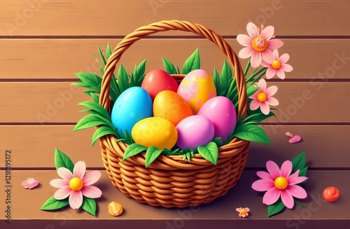 A Colorful Easter Egg Basket adorned with Beautiful Spring Flowers for festive decorations