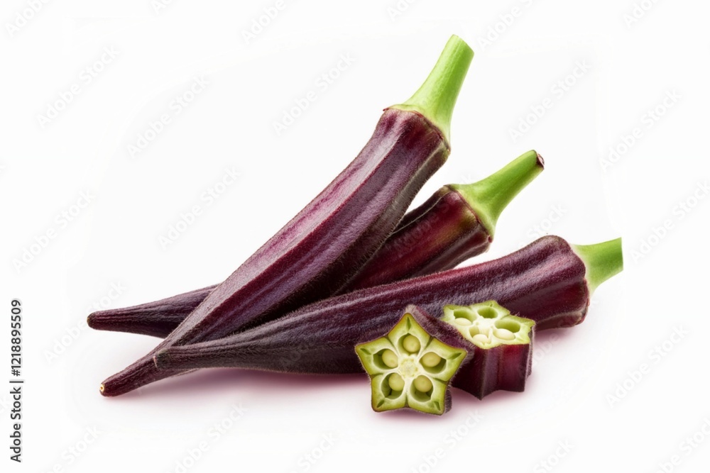 Okra (Abelmoschus esculentus), known in some English-speaking countries as lady's fingers, isolated on white background with clapping path full of depth Okra (Abelmoschus esculentus), known in some English-speaking countries as lady's fingers, isolated on white background with clapping path full of depth