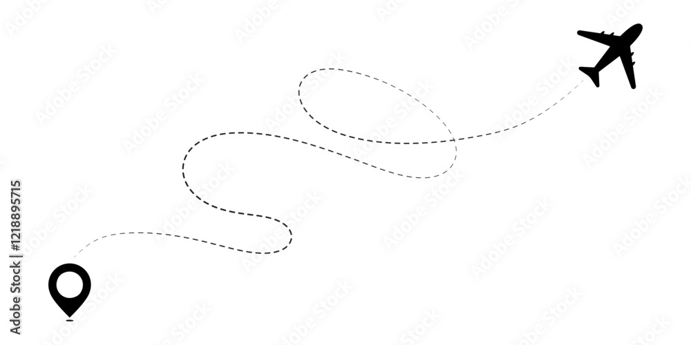 Airplane route travel vector icon. Travel from starting point to destination by plane. Airplane route travel vector icon. Travel from starting point to destination by plane.