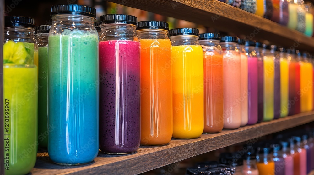 Vibrant Display of Colorful Smoothies on a Wooden Shelf Showcasing a Variety of Fresh Fruits and Ingredients Creating an Inviting and Healthy Atmosphere in a Modern Cafe Setting